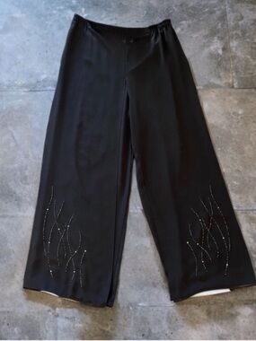 Adrianna Papell Elegant Black Sheer Overlay Wide Leg Pants Embellished Hem 10